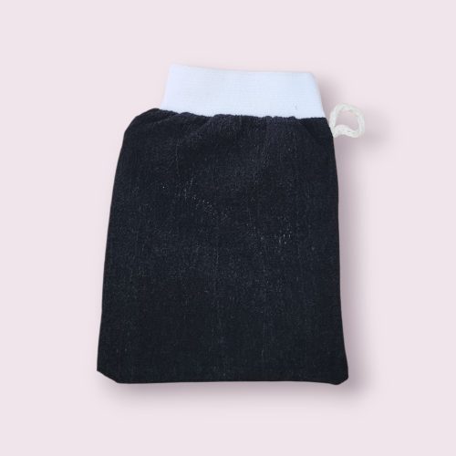 Gant Kessa noir traditionnel marocain pour exfoliation au hammam, élimine les peaux mortes et laisse la peau douce.