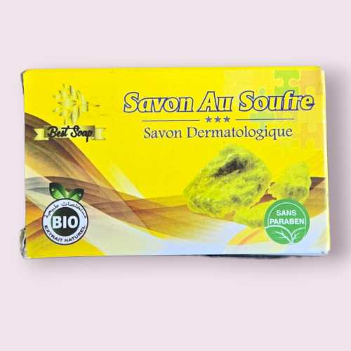 Savonnette artisanale au soufre du Maroc, idéale pour nettoyer et purifier la peau, spécialement pour peaux à imperfections.